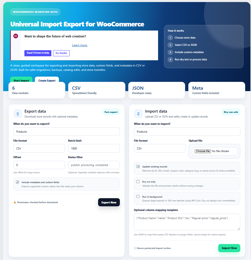 Main WC Universal Import Export dashboard