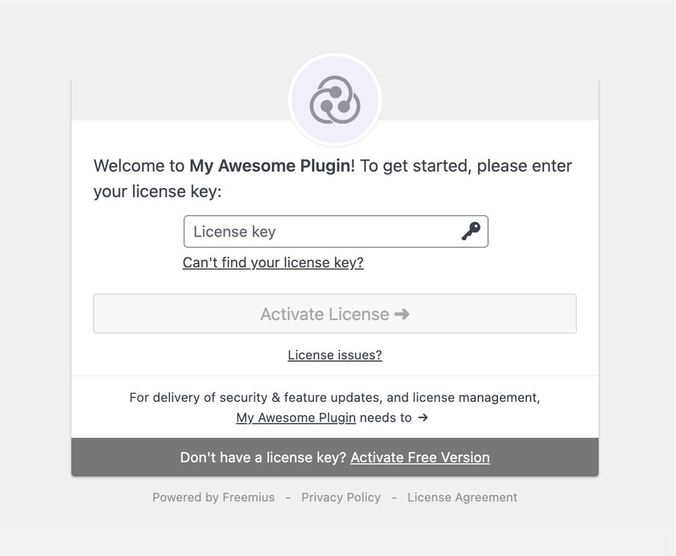 Freemius license activation screen